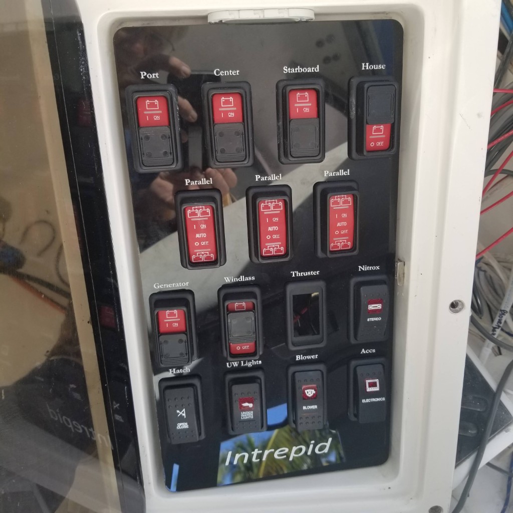 Helm DC control panel with clearly labeled battery and accessory switching