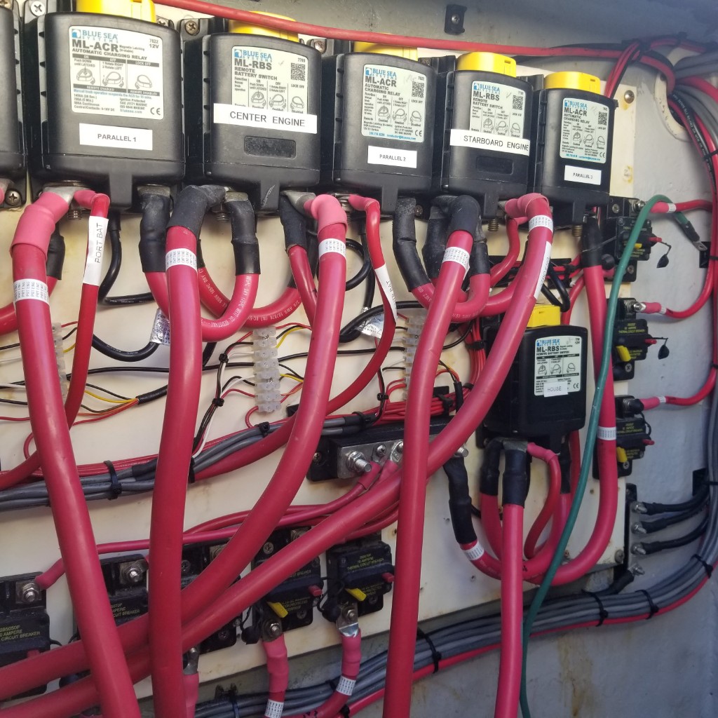 Three-engine battery system with Blue Sea ML-ACR and ML-RBS charging relays